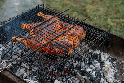 High angle view of barbecue grill