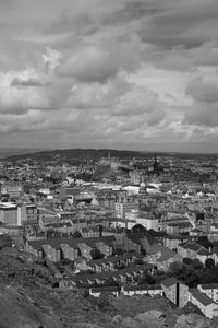 High angle shot of townscape against sky