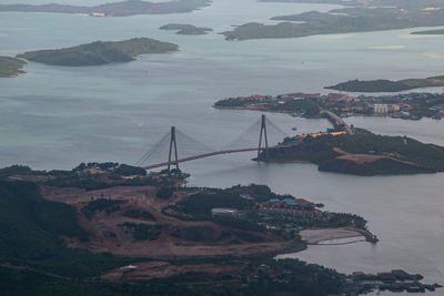 High angle view of suspension bridge over sea