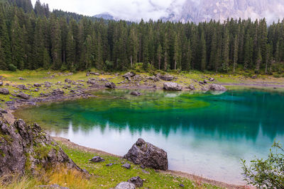 Scenic view of lake against cloudy sky