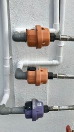 Close-up of water meters against wall