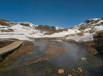 Scenic view of snowcapped mountains against clear blue sky