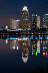 Reflection of illuminated buildings in city at night