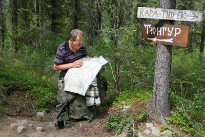 Tourist reading map by road sign on tree trunk in forest