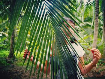 Young woman holding palm leaf on field