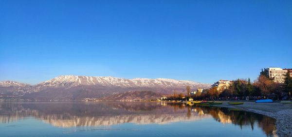 Scenic view of lake and mountains against clear blue sky