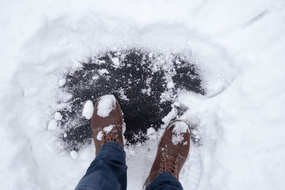 Low section of man standing against sky