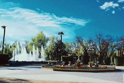 Fountain and palm trees against sky