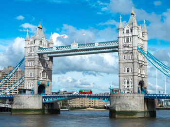 London tower bridge, with traditional double decker red bus on it