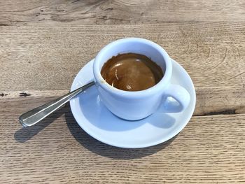 High angle view of coffee cup on table