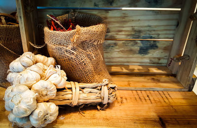 High angle view of wicker basket on table