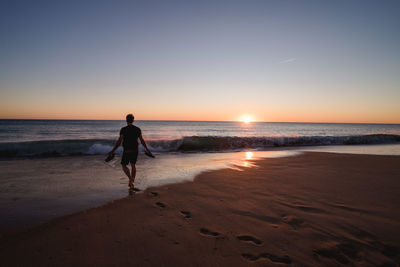 Silhouette man walking on beach against sky during sunset