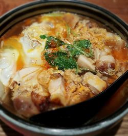 High angle view of soup in bowl