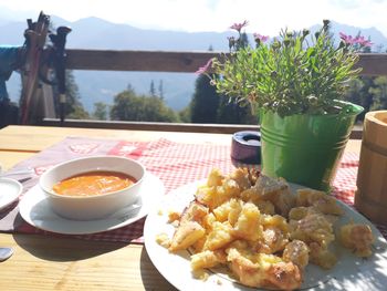 Close-up of breakfast served on table