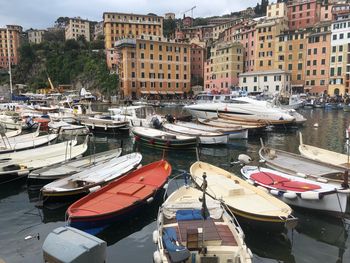 Boats moored at harbor in city