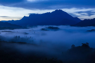 Scenic view of mountains against sky during sunset