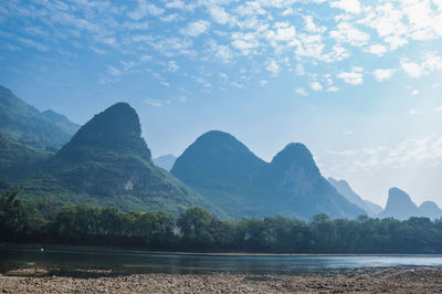 Scenic view of lake and mountains against sky