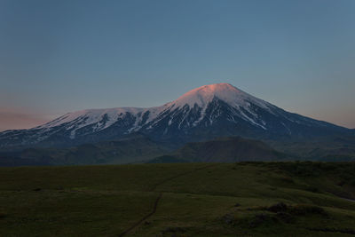 Scenic view of snowcapped mountains against clear sky