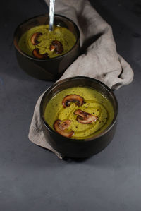 High angle view of soup in bowl