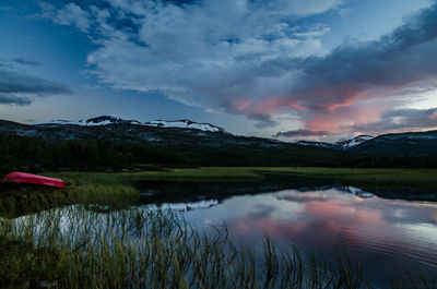 Scenic view of lake and mountains against sky