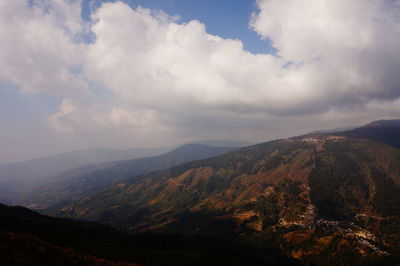 Scenic view of mountains against cloudy sky