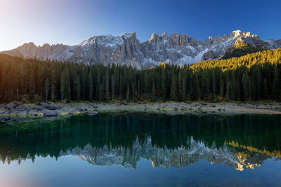 Scenic view of lake and mountains against sky during winter