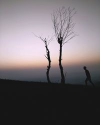 Silhouette bare tree on landscape against sky at sunset