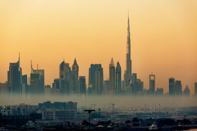 View of buildings in city during sunset