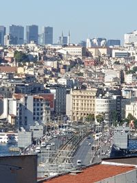 High angle view of buildings in city against clear sky