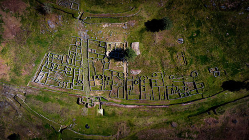 High angle view of old text on field