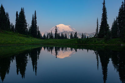 Scenic view of lake by trees against clear sky