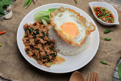 High angle view of breakfast served on table