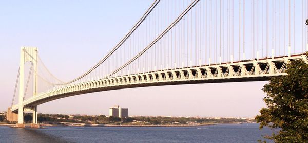 Verrazanonarrows bridge over river against clear sky