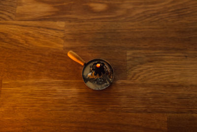 High angle view of bread on wooden table