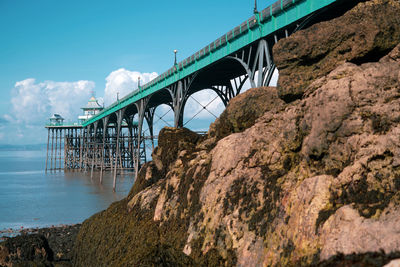 Panoramic photo of clevedon pier in somerset showing iron structure against blue sky