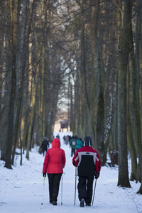 Rear view of two people in snow covered forest