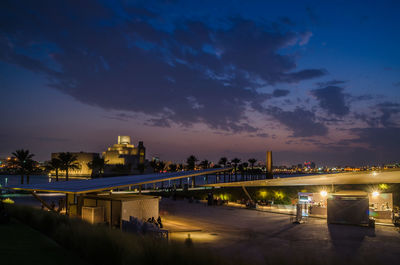 Illuminated bridge over river at night