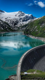 Scenic view of lake by snowcapped mountains against sky