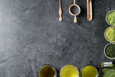 High angle view of drink against white background