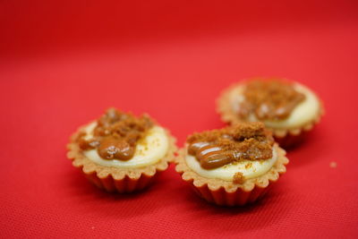 Close-up of cupcakes on red cake