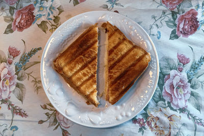 High angle view of cake in plate on table