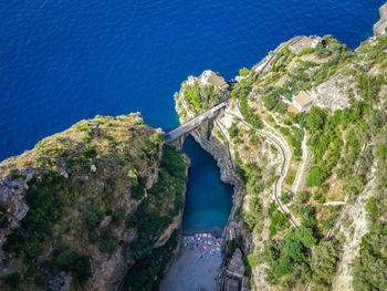 Aerial view of the fiordo di furore beach, amalfi coast