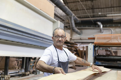 Senior men collecting laminated wood while standing at factory