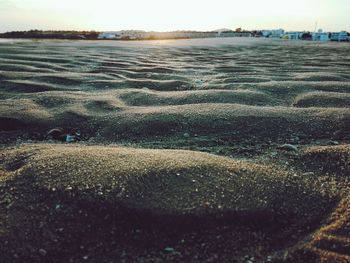 Close-up of beach against sky during sunset