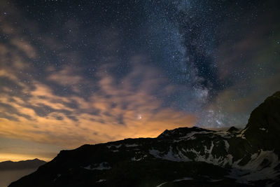 Scenic view of mountains against sky at night