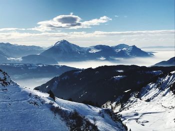 Scenic view of mountains against sky during winter