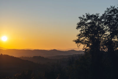 Scenic view of silhouette mountains against sky at sunset