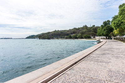 Scenic view of swimming pool by sea against sky