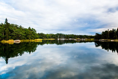 Scenic view of calm lake against cloudy sky