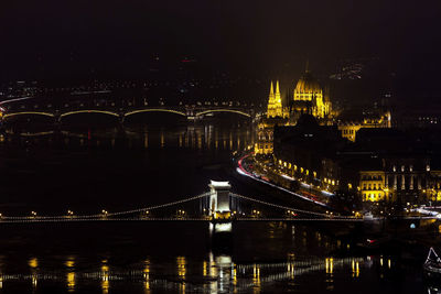 Illuminated bridge over river at night